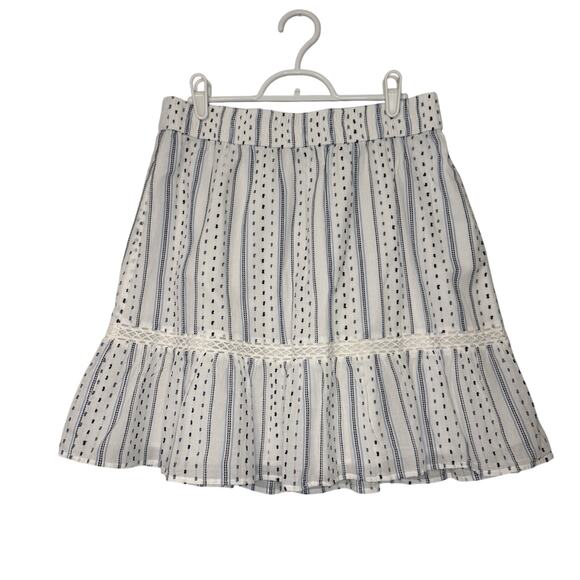 LOFT Tiered Ruffle Skirt Women's Medium White Blue Dots Lace Lined Boho Cottage - Picture 1 of 9